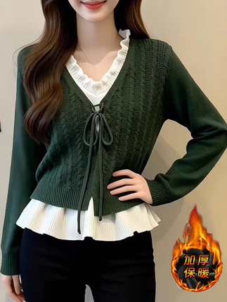 Green faux two-piece V-neck patchwork ruffled trim sweater for women, 2025 autumn/winter high-end knit base layer versatile top.