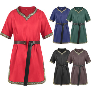 万圣节骑士服装中世纪复古短袖V领蒸汽朋克外套文艺复兴男士cos服