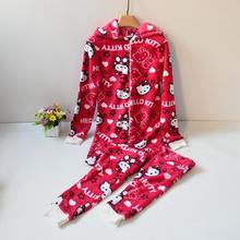 外贸出欧美女生可爱卡通凯蒂猫连体睡衣秋冬珊瑚绒保暖连帽家居服