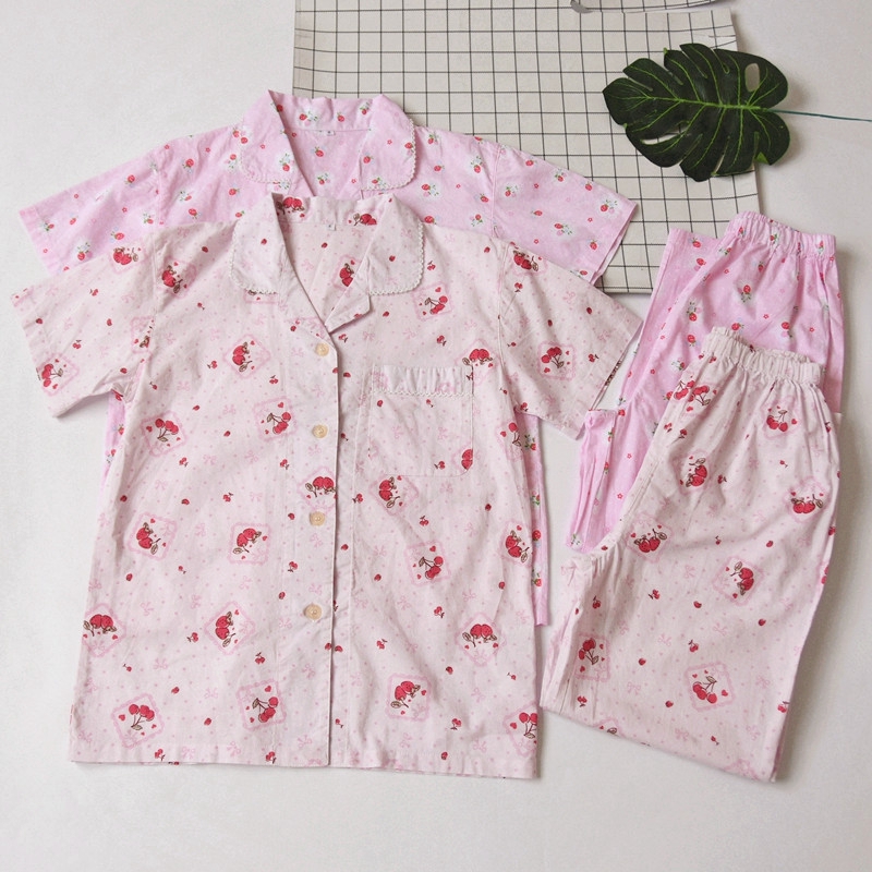 日系纯棉印花短袖睡衣套装家居服