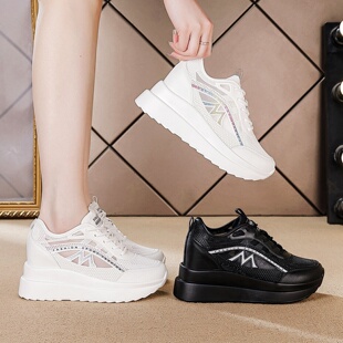 厚底内增高女鞋春夏季2026新款松糕鞋网面透气时尚百搭小白鞋运动