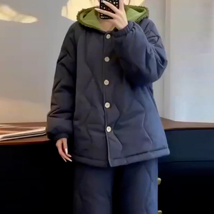深蓝色连帽睡衣女2026秋冬三层夹棉袄加厚保暖宽松简约家居服套装
