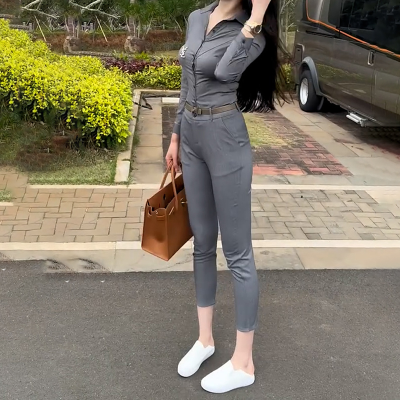 翻领长袖防晒衬衫九分裤两件套