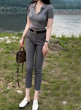 tb撞色polo衫灰色短袖t恤高腰显瘦九分西裤时尚两件套女夏季套装