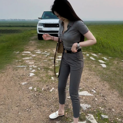 MK&XL欧货撞色翻领短袖t恤+高腰西装小脚裤两件套女时尚套装夏款