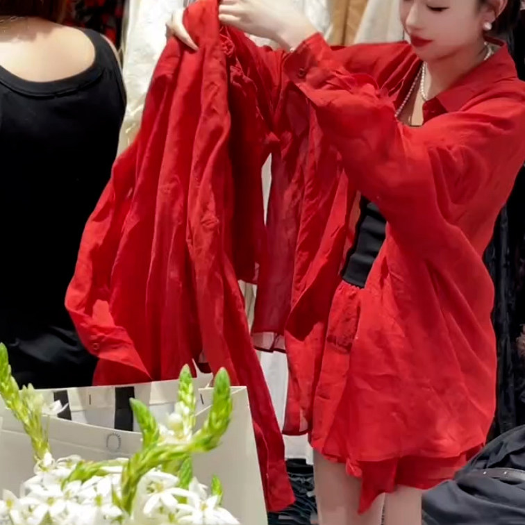 MK&XL红色翻领大码衬衫女韩版夏季新款轻薄显瘦甜美减龄防晒衣潮