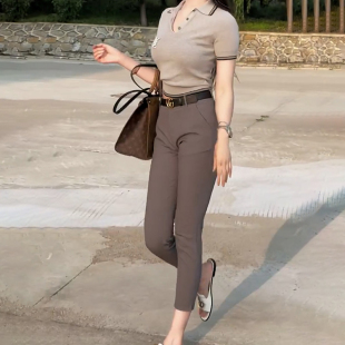 时尚 高腰显瘦简约八分烟管裤 套装 t恤 两件套潮 翻领透气短袖 韩版