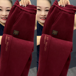 加绒加厚卫裤中年女过年红本命年保暖羊羔绒休闲高腰运动裤冬裤子