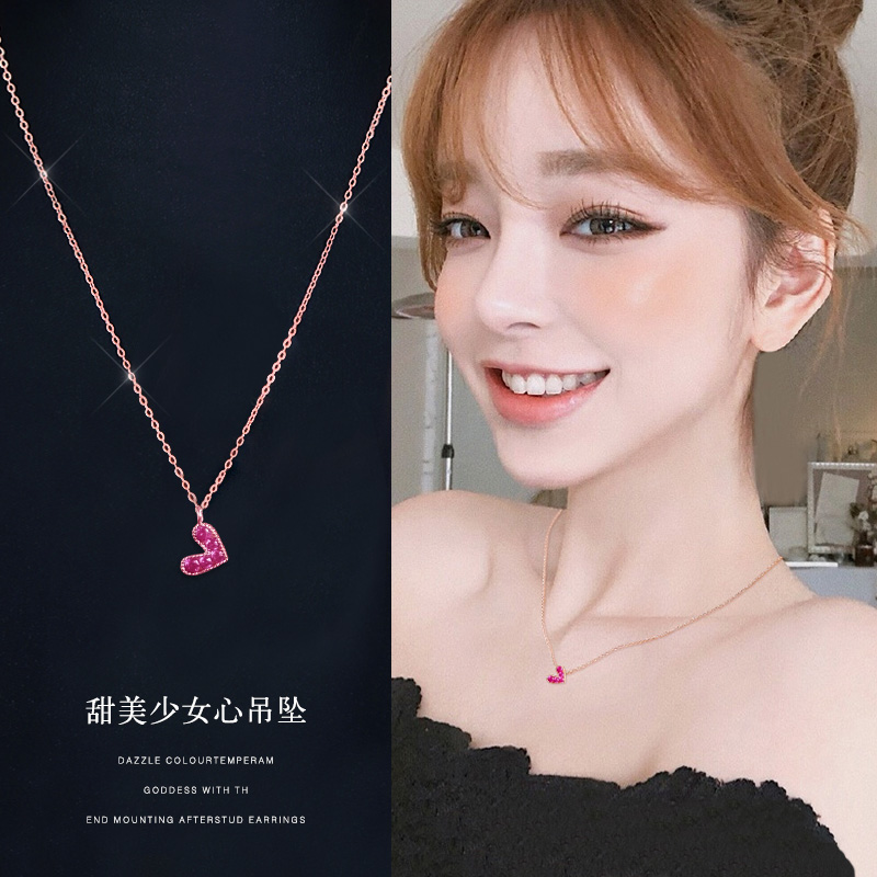 s925純銀紅色愛心項鏈女韓版簡約桃心吊墜百搭時尚氣質少女鎖骨鏈