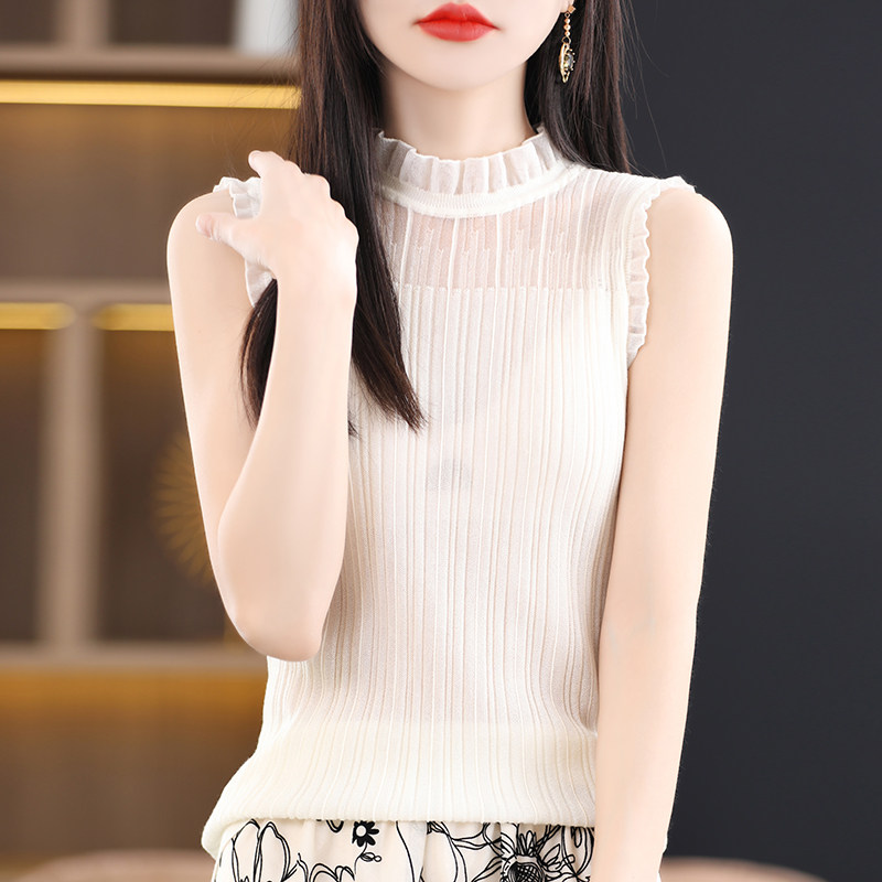 2023半高领蕾丝打底衫女内搭独特别致小上衣羊毛针织毛衣无袖背心