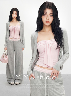 【伊予YiYu】韩系撞色假两件抹胸开衫阔腿裤套装女松弛感早春穿搭
