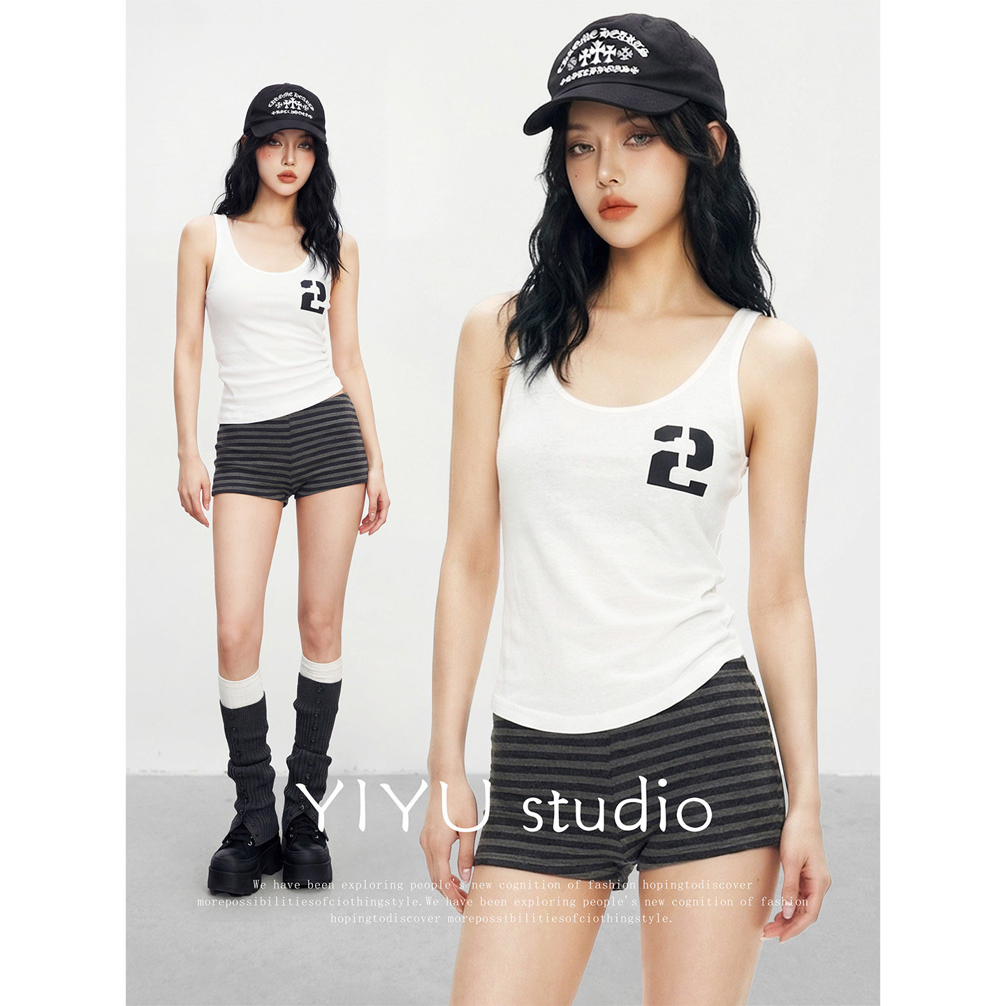 【伊予YiYu】美式辣妹数字印花吊带背心短裤套装女夏运动风两件套
