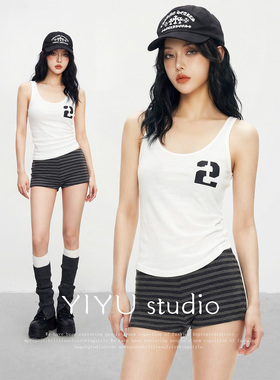 【伊予YiYu】美式辣妹数字印花吊带背心短裤套装女夏运动风两件套
