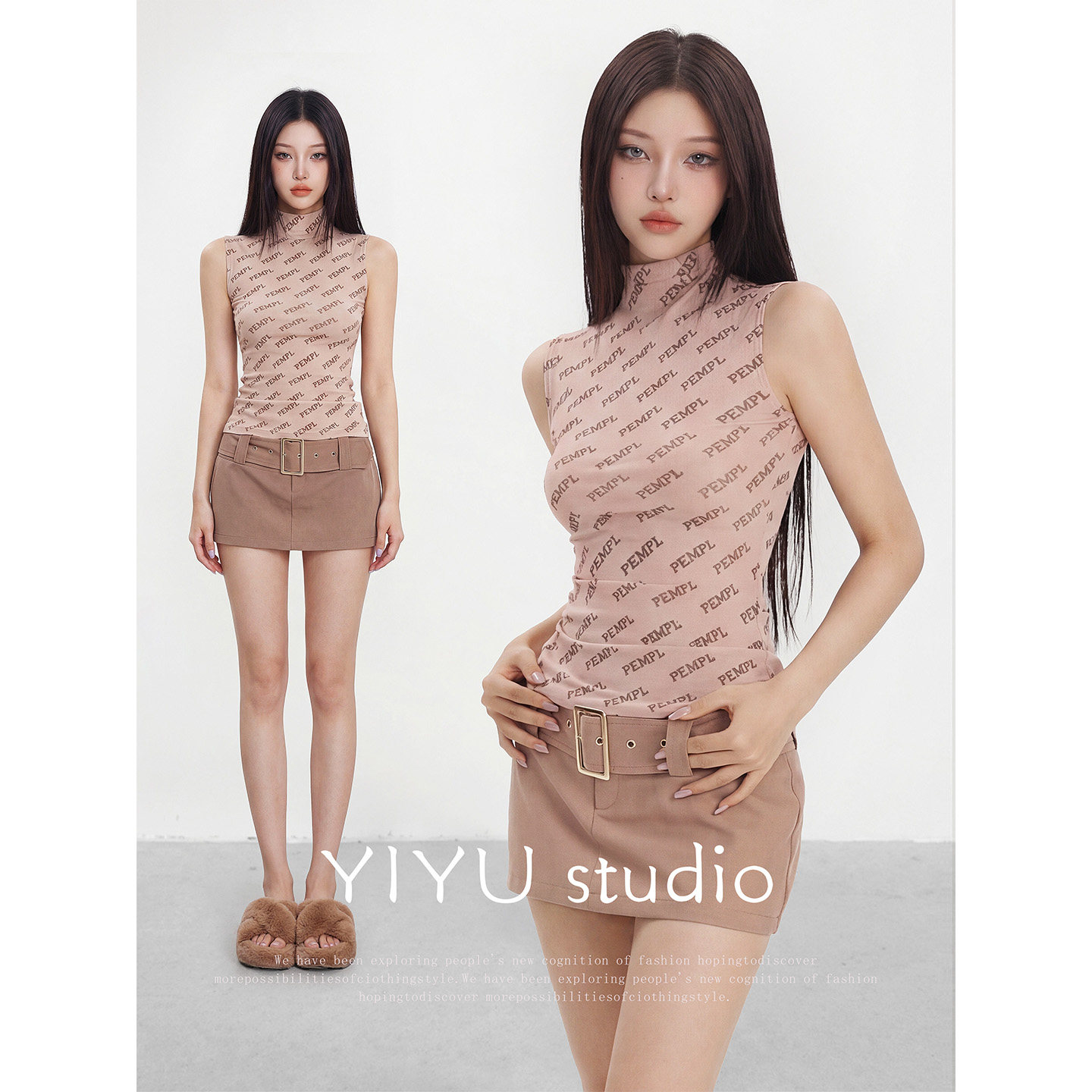 【伊予YiYu】肌肤感网纱半透内搭无袖上衣背心低腰显瘦包臀裙短裙