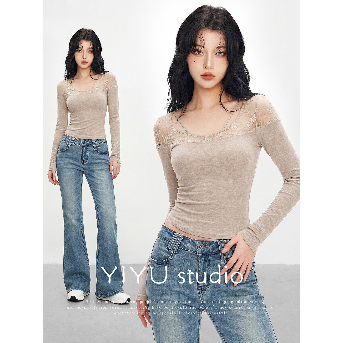 【伊予YiYu】辣妹风蕾丝拼接长袖显瘦上衣修身微喇叭牛仔裤套装女