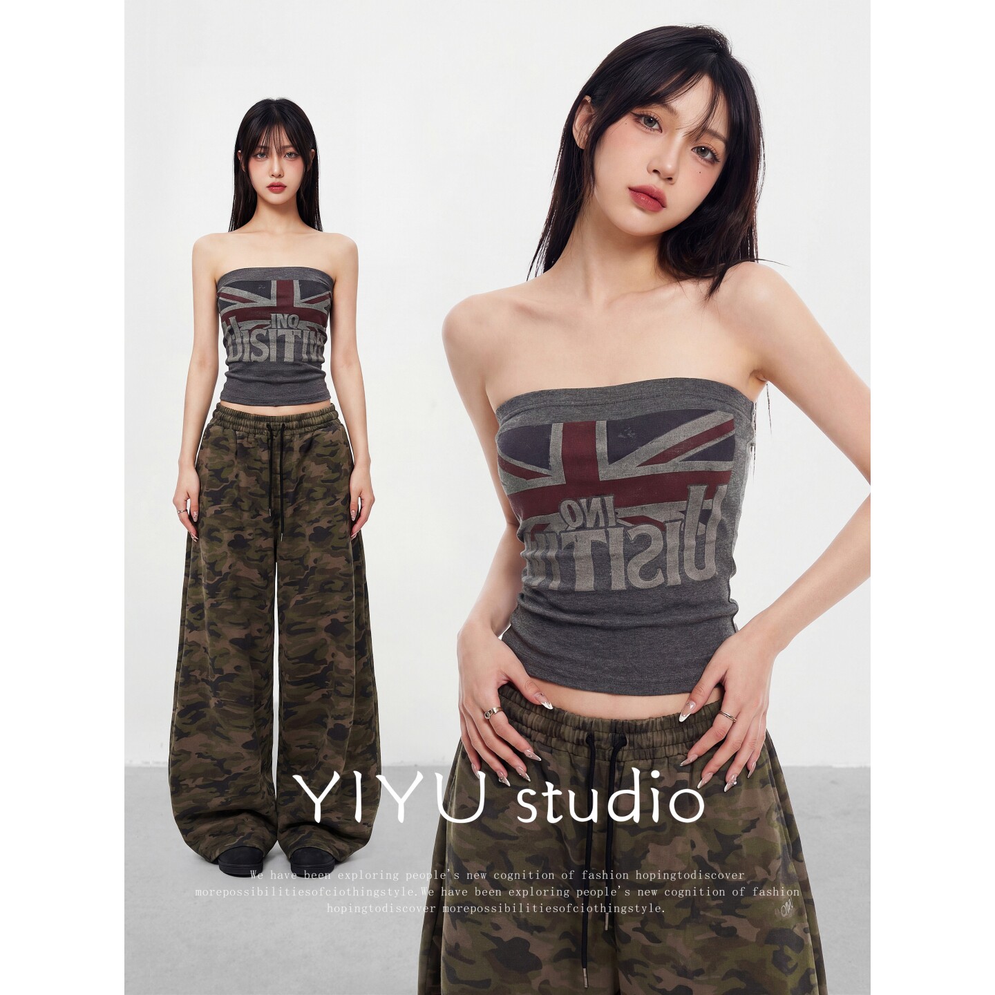 伊予YiYu街头辣妹复古抹胸美式无袖背心上衣美式抽绳迷彩阔腿裤女