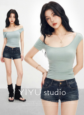 【伊予YiYu】美式辣妹斜肩露背短袖t恤修身上衣中腰百搭牛仔短裤