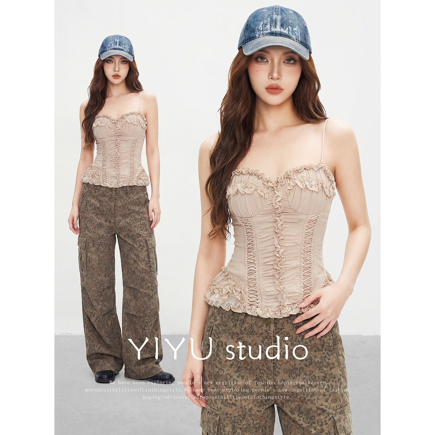 【伊予YiYu】辣妹穿搭法式复古胸衣浪漫收腰绑带蕾丝花边抹胸上衣