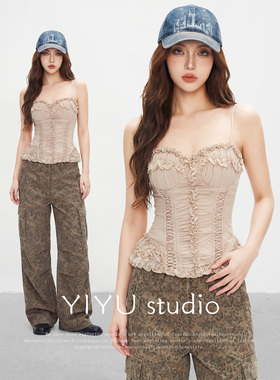 【伊予YiYu】辣妹穿搭法式复古胸衣浪漫收腰绑带蕾丝花边抹胸上衣