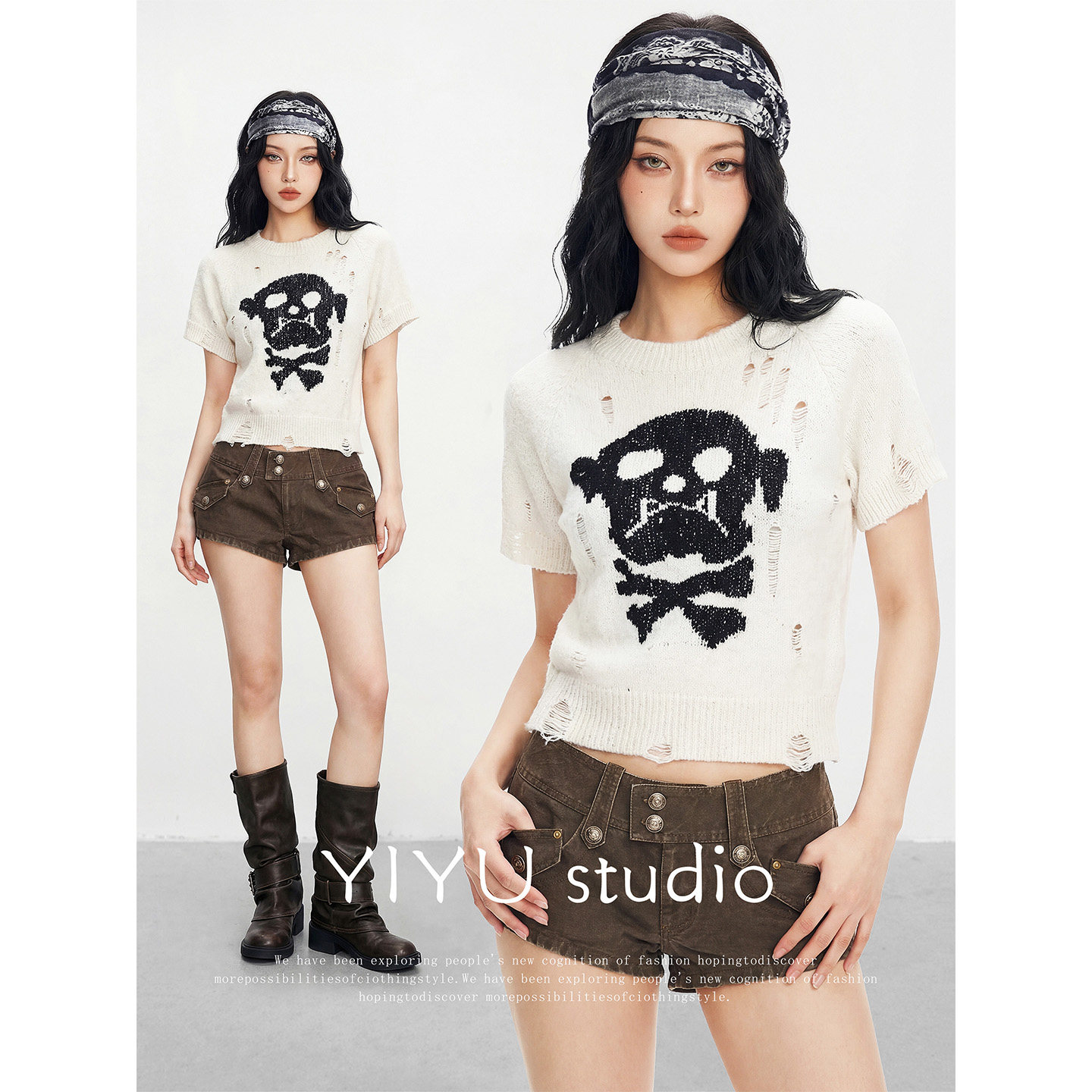 伊予YiYu摇滚少女风提花骷髅破洞针织上衣复古工装辣妹短裤套装女