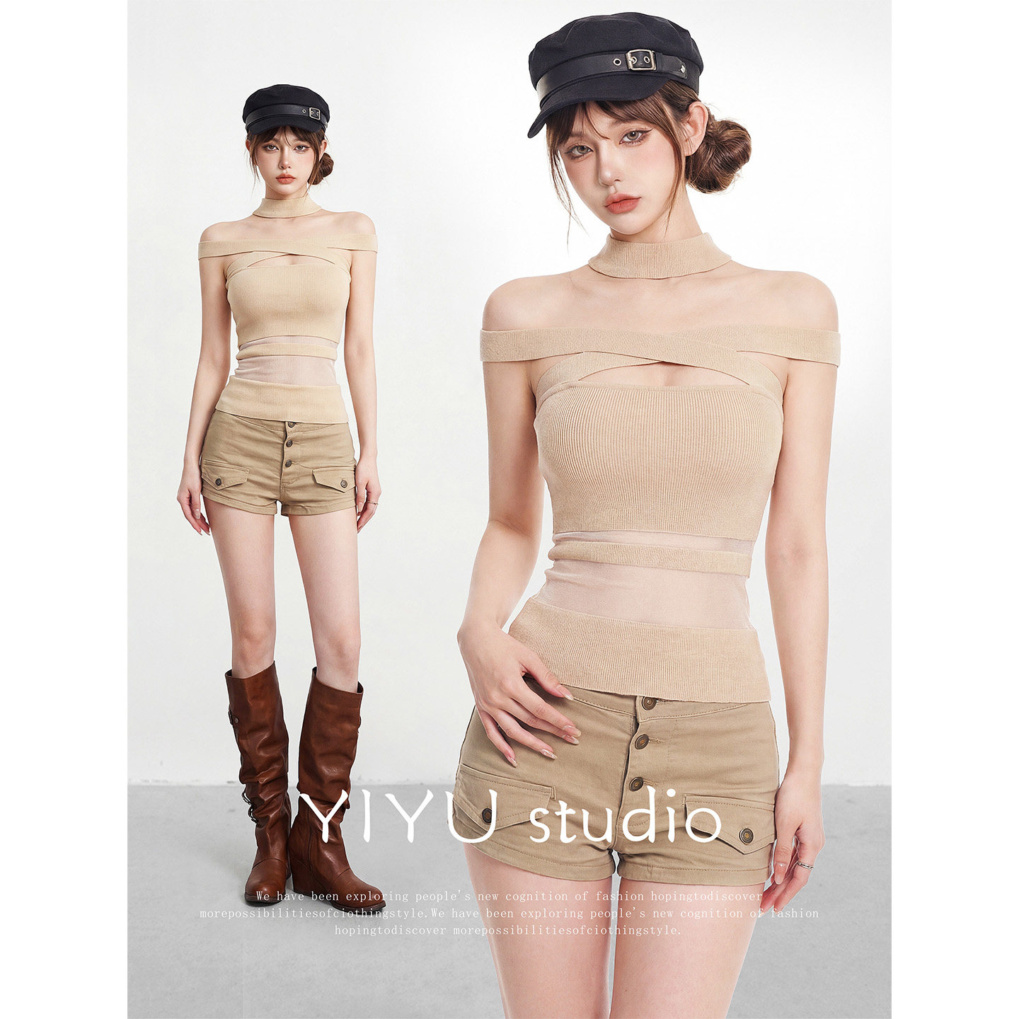 【伊予YiYu】性感一字肩露肩套装女夏季辣妹修身显瘦收腰短裤套装
