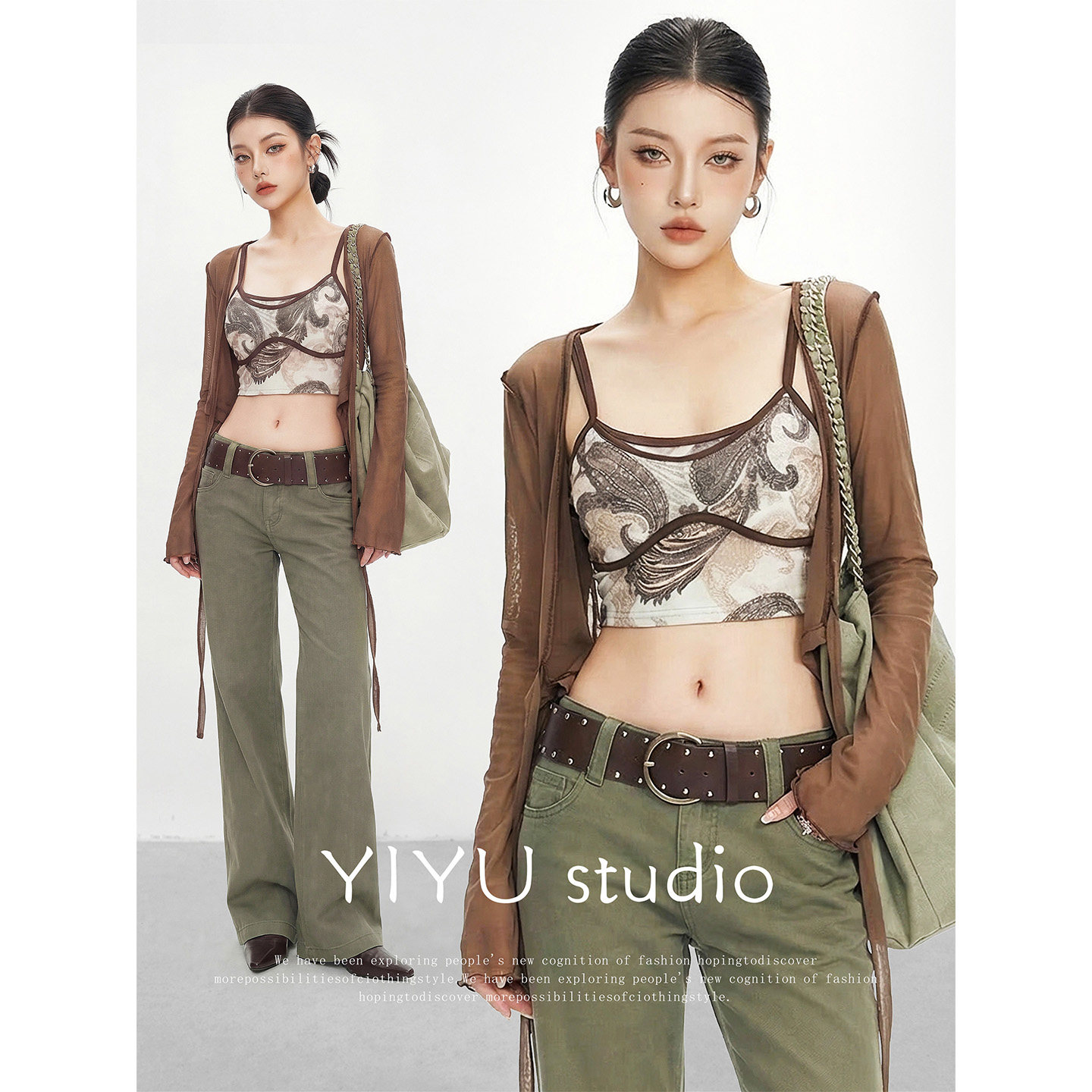 【伊予YiYu】辣妹穿搭印花吊带镂空网纱开衫水洗做旧牛仔裤套装女