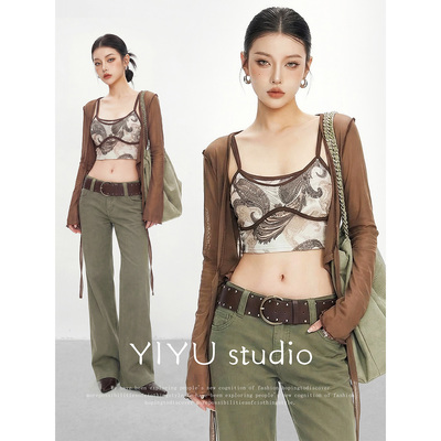 伊予YiYu辣妹印花网纱牛仔套装