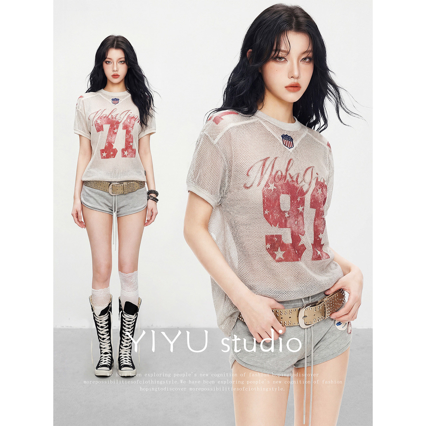 【伊予YiYu】美式辣妹穿搭v领做旧印花上衣低腰直筒辣妹短裤套装