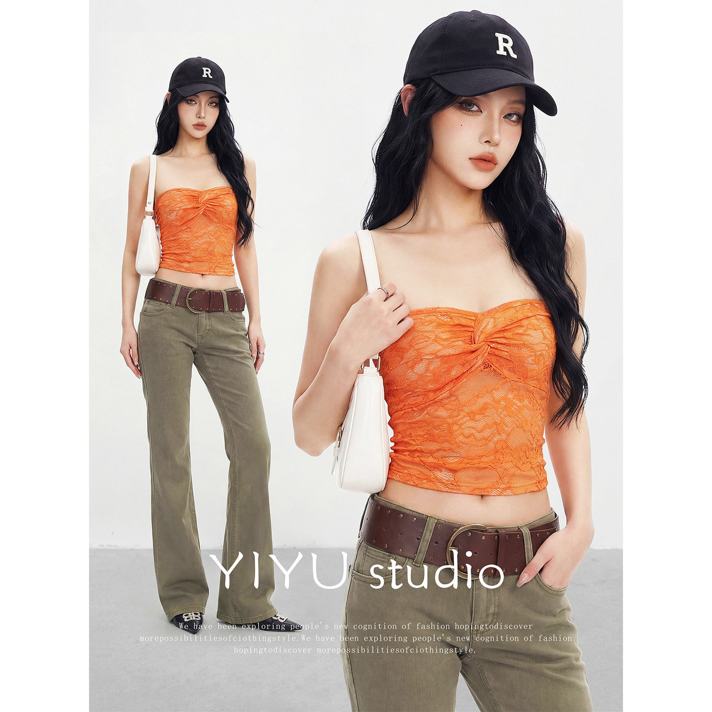 【伊予YiYu】性感辣妹穿搭蕾丝抹胸背心春夏外穿短上衣牛仔裤套装