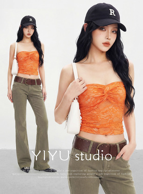 【伊予YiYu】性感辣妹穿搭蕾丝抹胸背心春夏外穿短上衣牛仔裤套装
