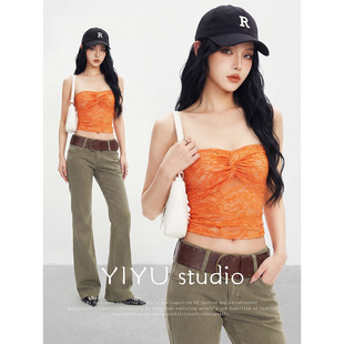 【伊予YiYu】性感辣妹穿搭蕾丝抹胸背心春夏外穿短上衣牛仔裤套装