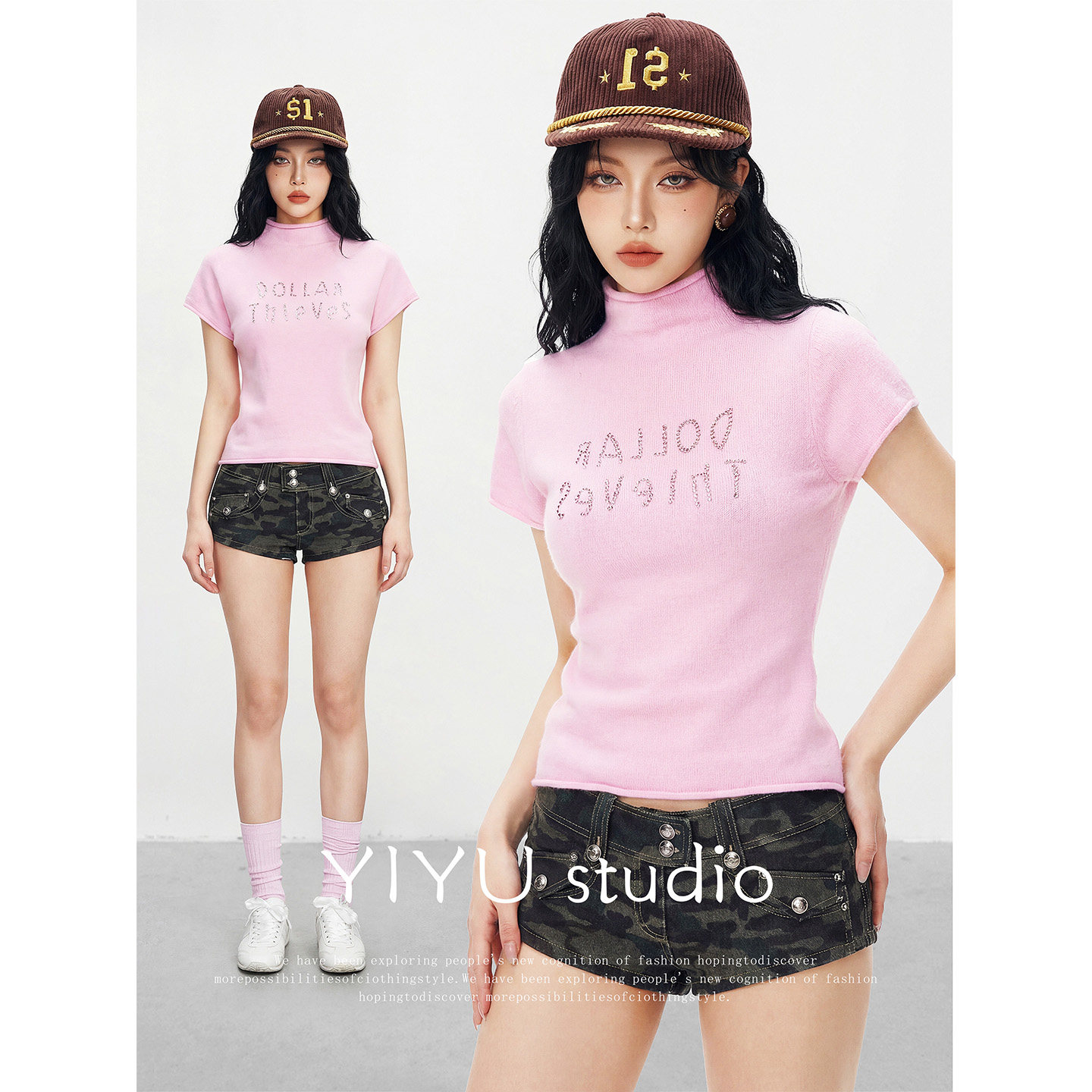 【伊予YiYu】粉色小高领针织短袖修身短款上衣低腰辣妹短裤套装女