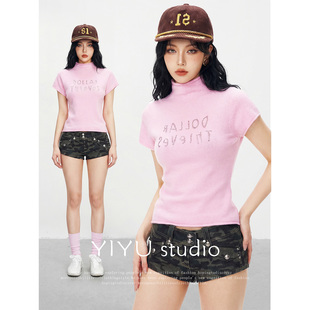 【伊予YiYu】粉色小高领针织短袖修身短款上衣低腰辣妹短裤套装女