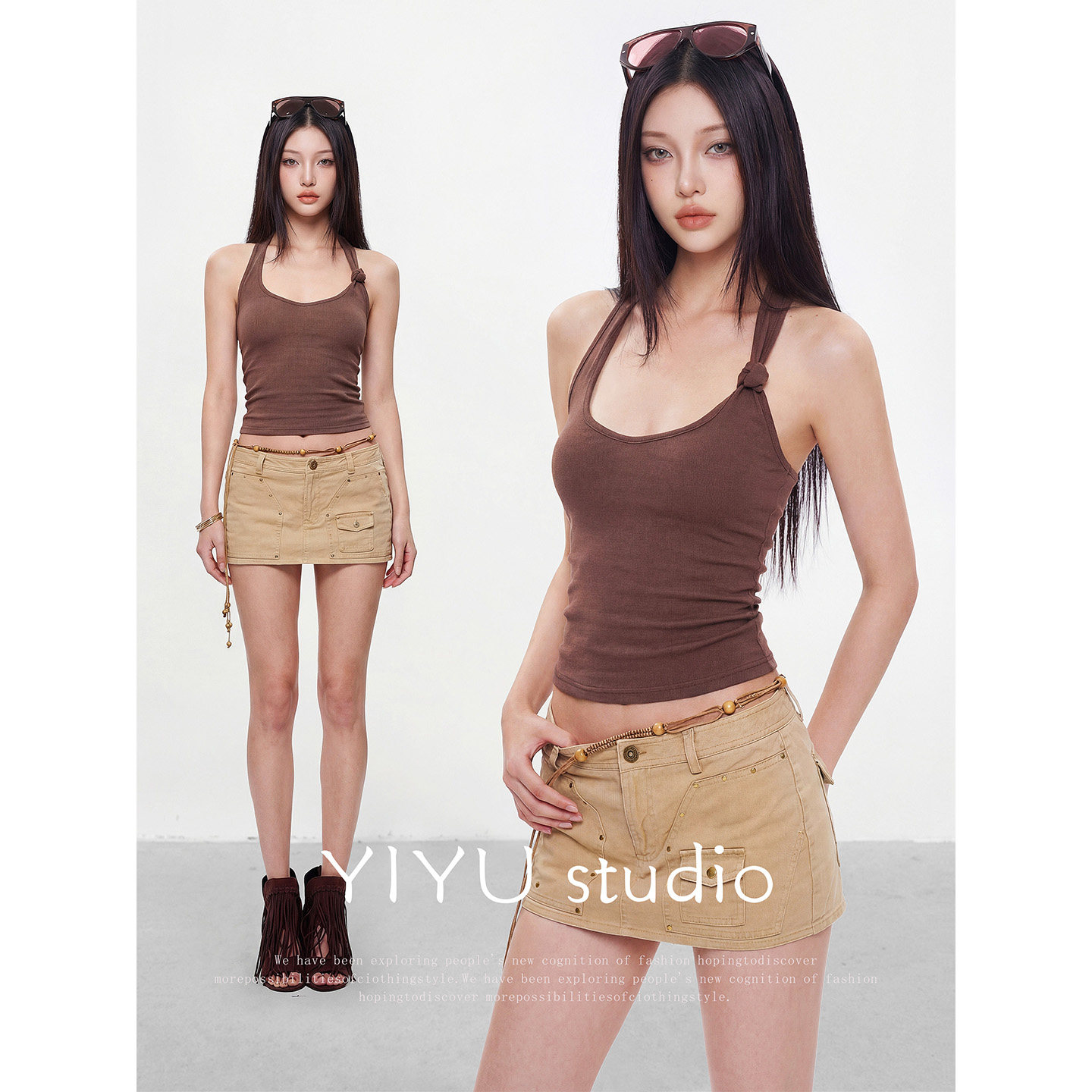 伊予YiYu扭结麻花辫背心吊带性感上衣女工装裙美式复古辣妹包臀裙