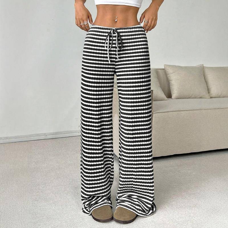 欧美休闲条纹直筒裤阔腿裤长裤子女 Casual Pants Trousers Women