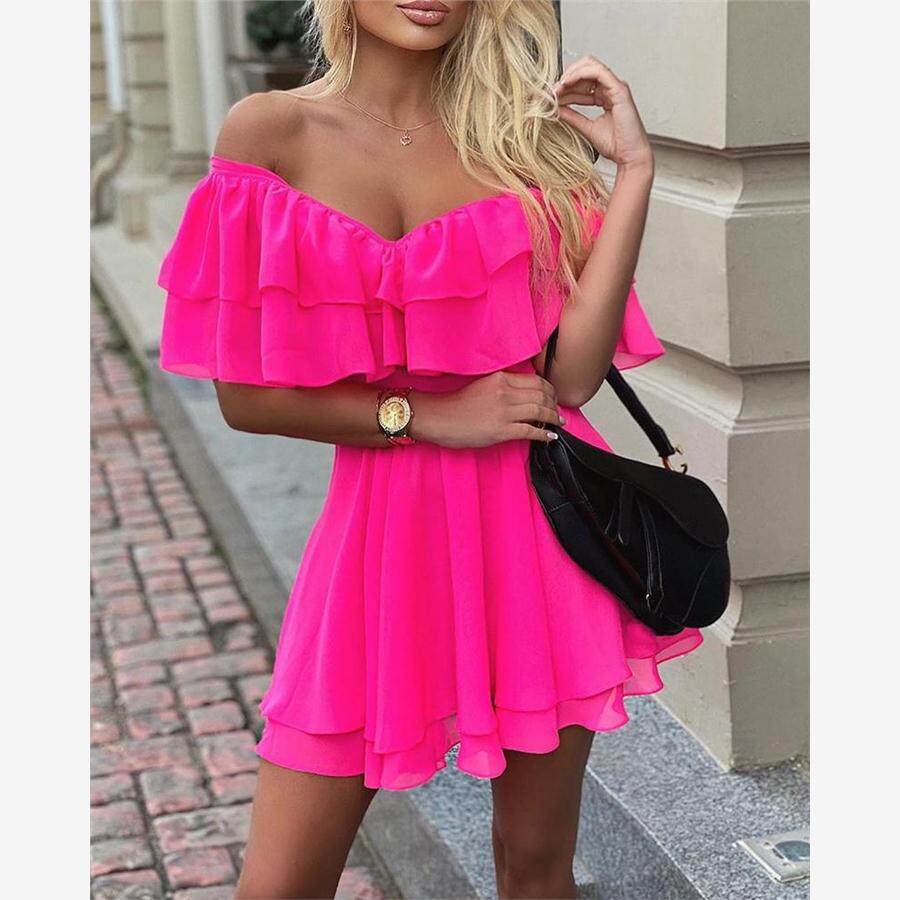 Off Shoulder Ruffle Fit Flare Dress一字肩荷叶边连衣裙女