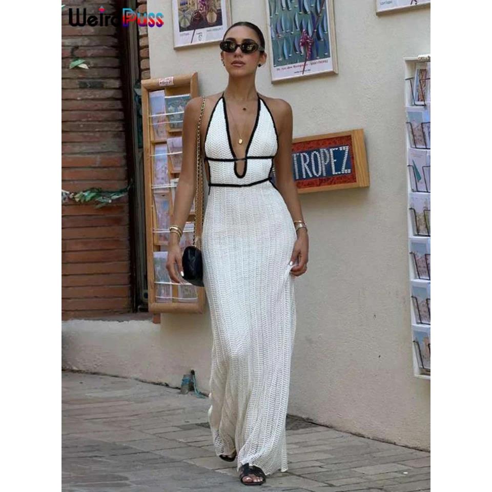 Halter Dress Women Summer Backless Lace-Up Color-Block Sleev