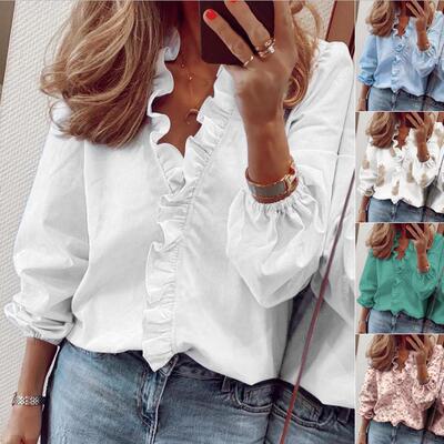 Spring Summer New Long Sleeve Ruffle Blouse Blouse