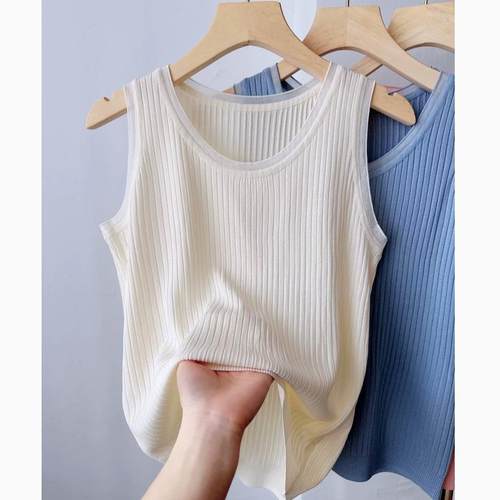 白色冰丝针织吊带背心女休闲百搭薄款圆领无袖上衣打底衫西装内搭
