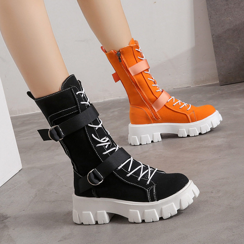 2021秋英伦透气单中筒女靴厚底内增高帆布高帮骑士靴Female boots
