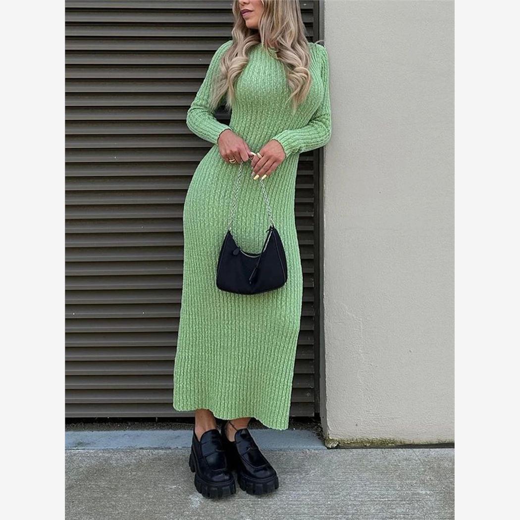Round neck pit stripe wrapped buttocks dress坑条包臀连衣裙女