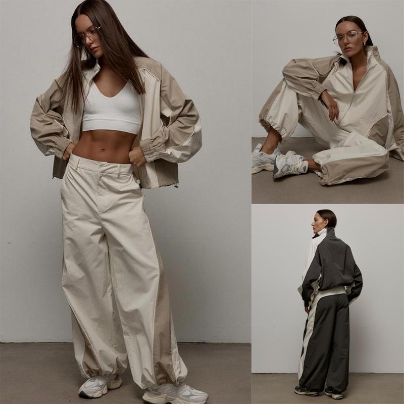 速卖通跨境新款休闲女装时尚撞色抽绳运动夹克长裤套装两件套suit