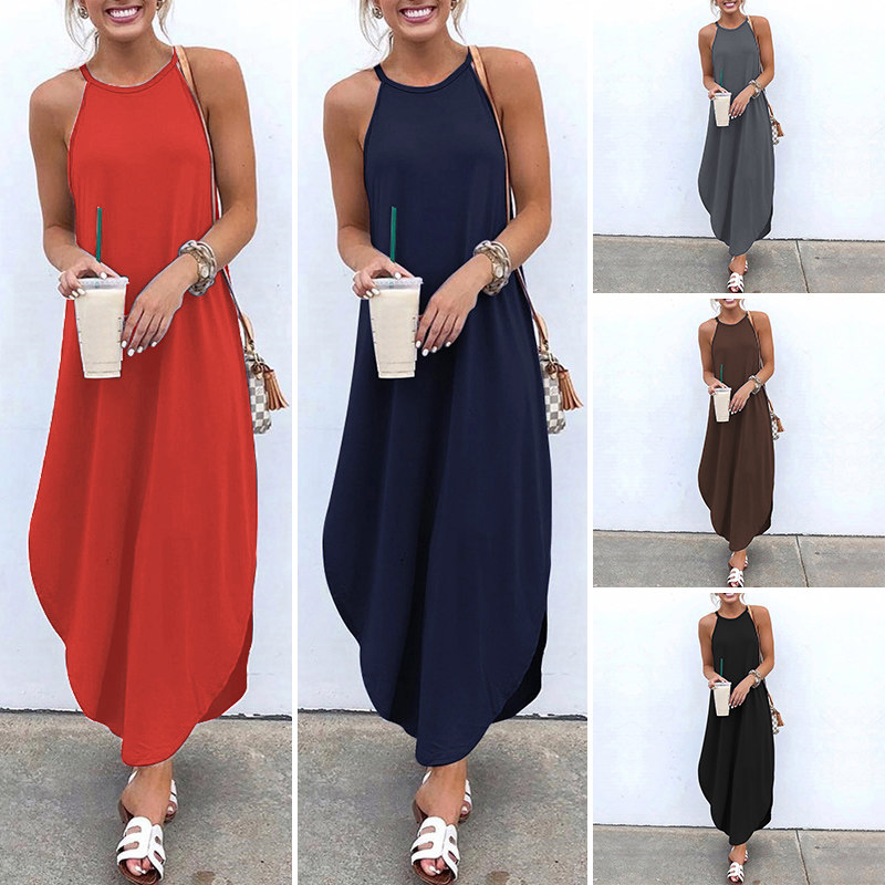men Casual Halter Summer Beach Dress Asymmetric Long Dresses