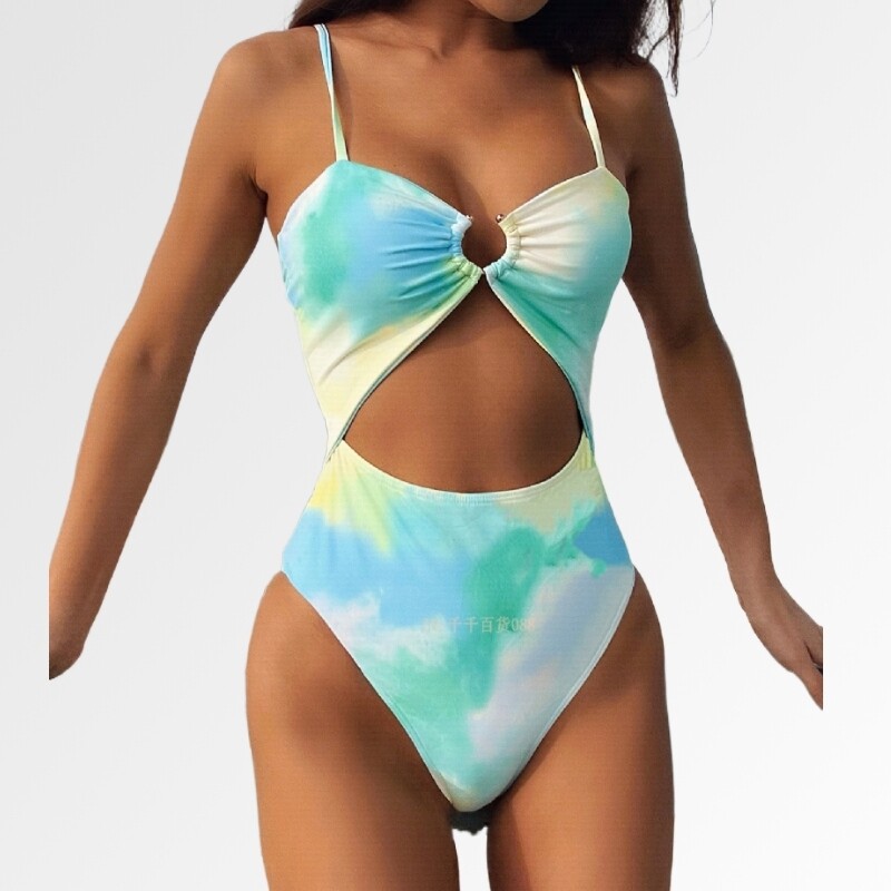Personalized tie-dyed hollow one-piece swimsuit扎染连体泳衣