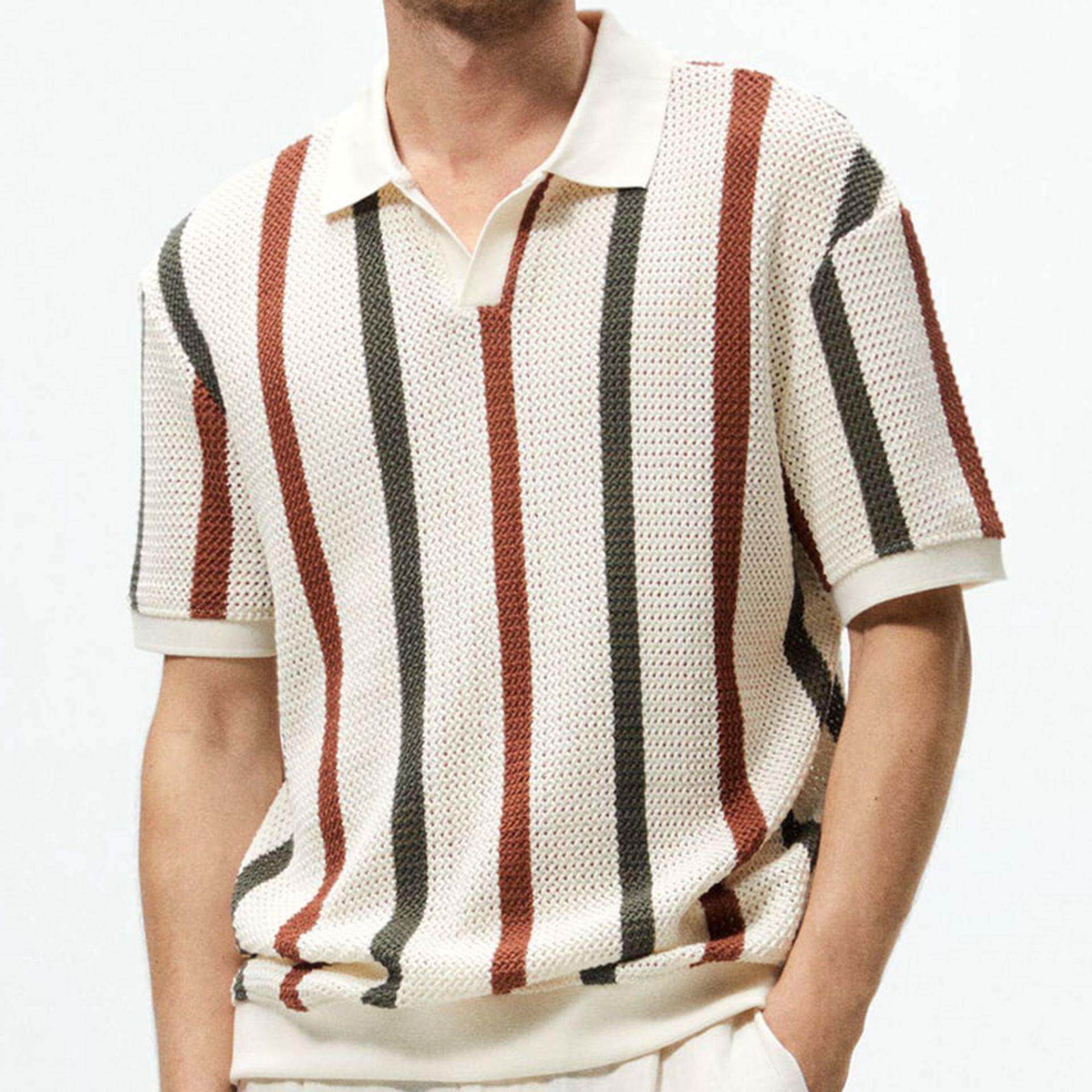 2025夏季粗针镂空针织衫男士条纹撞色毛织休闲Polo衫Men T-Shirt