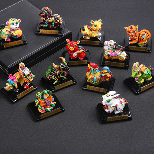 中国古风交趾彩绘树脂十二生肖创意家居车饰品摆件工艺品精美礼品