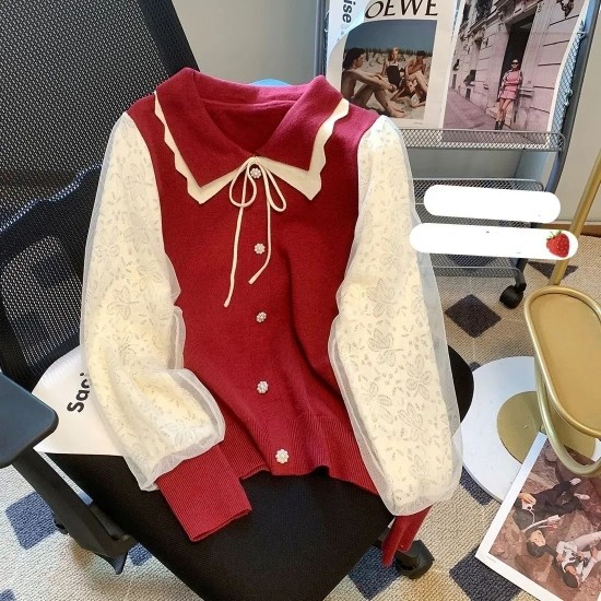 新品撞色红色毛衣女春装法式甜美娃娃领针织打底衫蕾丝拼接上衣潮