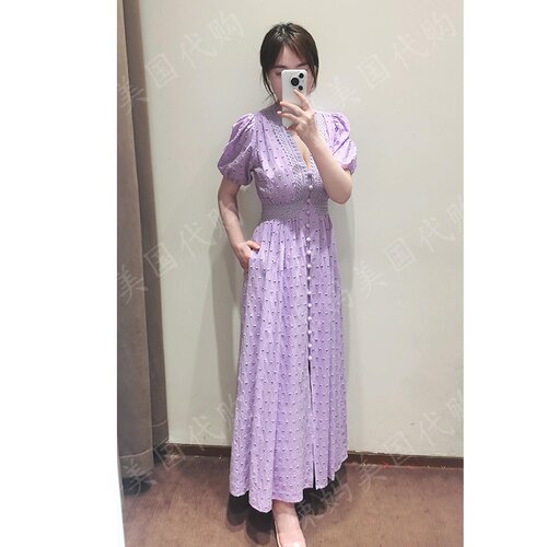 DVF早秋丁香紫镂空刺绣茶歇裙