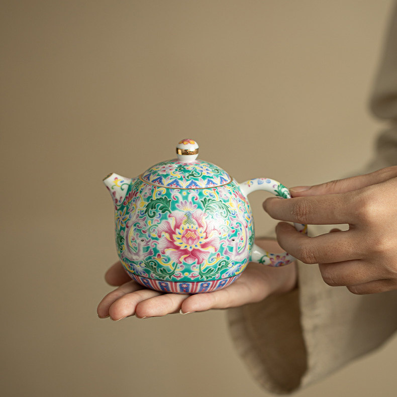 缠枝莲松石绿茶壶珐琅彩龙蛋壶家用办公万花描金泡茶壶功夫茶具