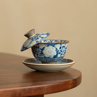 青花悬停元 仿宋汝窑元 宝三才盖碗陶瓷泡茶碗家用高档礼盒功夫茶具